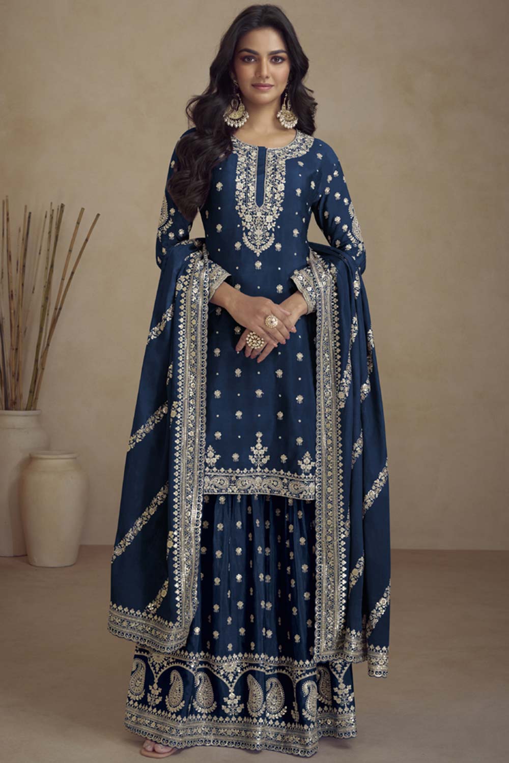 Blue Silk Embroidered Full Sleeve Round Neck Pakistani Salwar Kameez