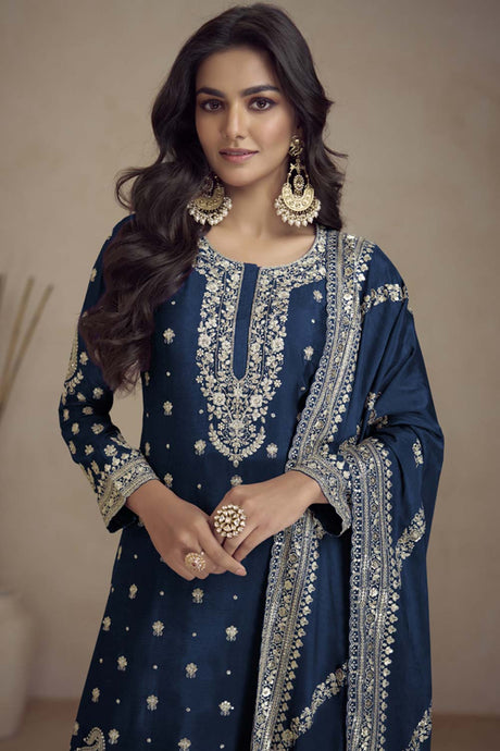 Blue Silk Embroidered Full Sleeve Round Neck Pakistani Salwar Kameez