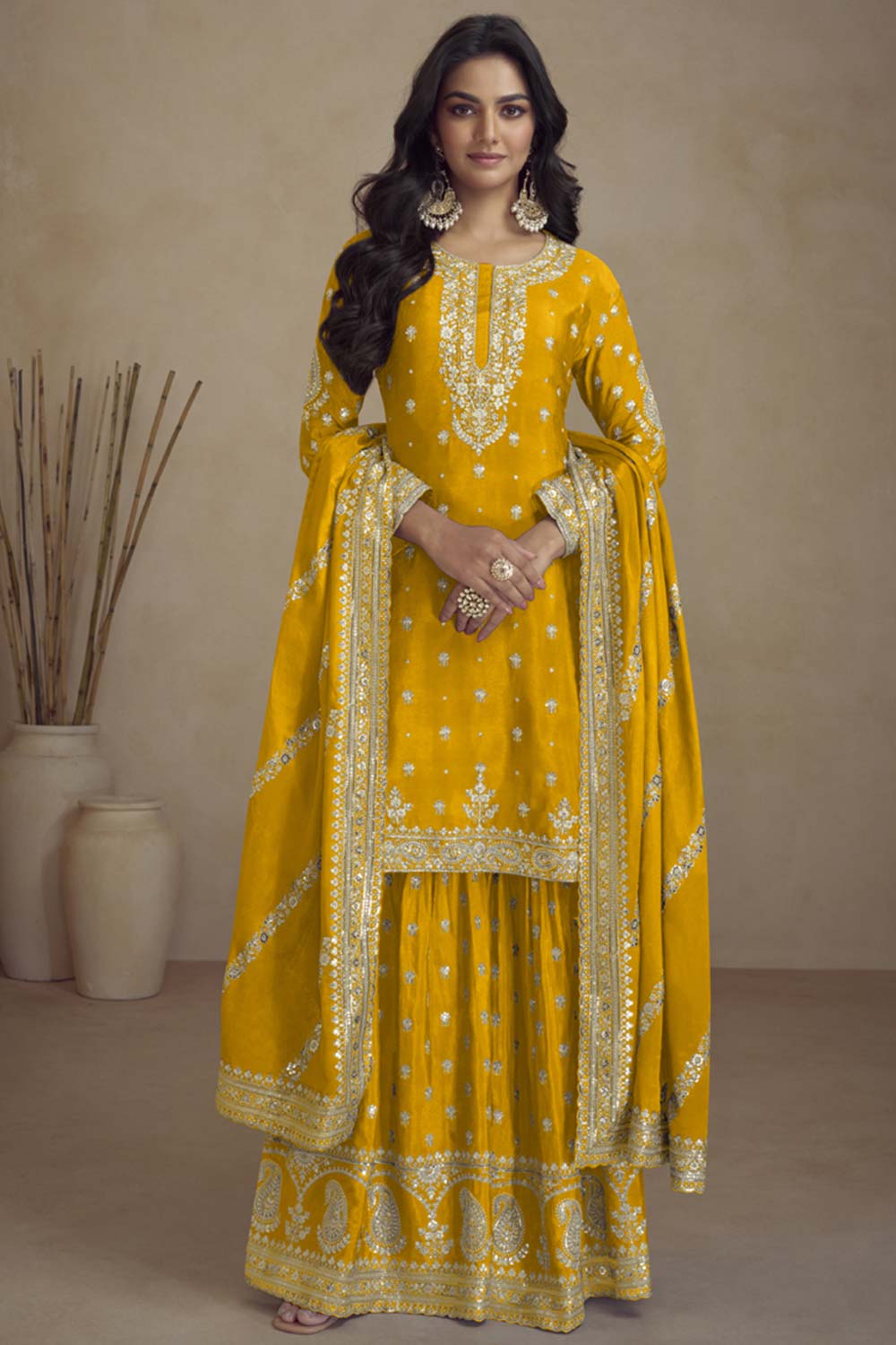 Yellow Silk Embroidered Full Sleeve Round Neck Pakistani Salwar Kameez