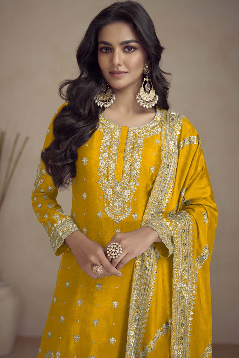 Yellow Silk Embroidered Full Sleeve Round Neck Pakistani Salwar Kameez