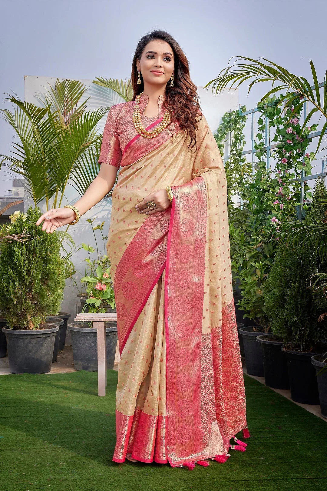 Beige Silk Woven Saree