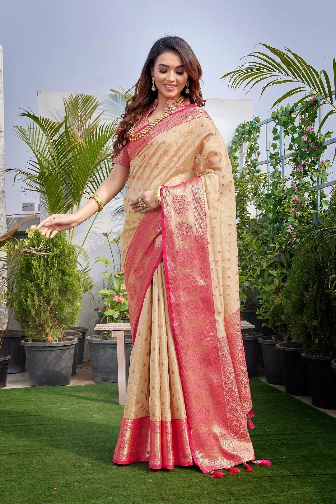 Beige Silk Woven Saree