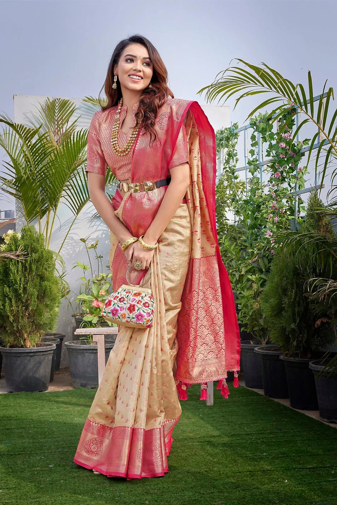 Beige Silk Woven Saree