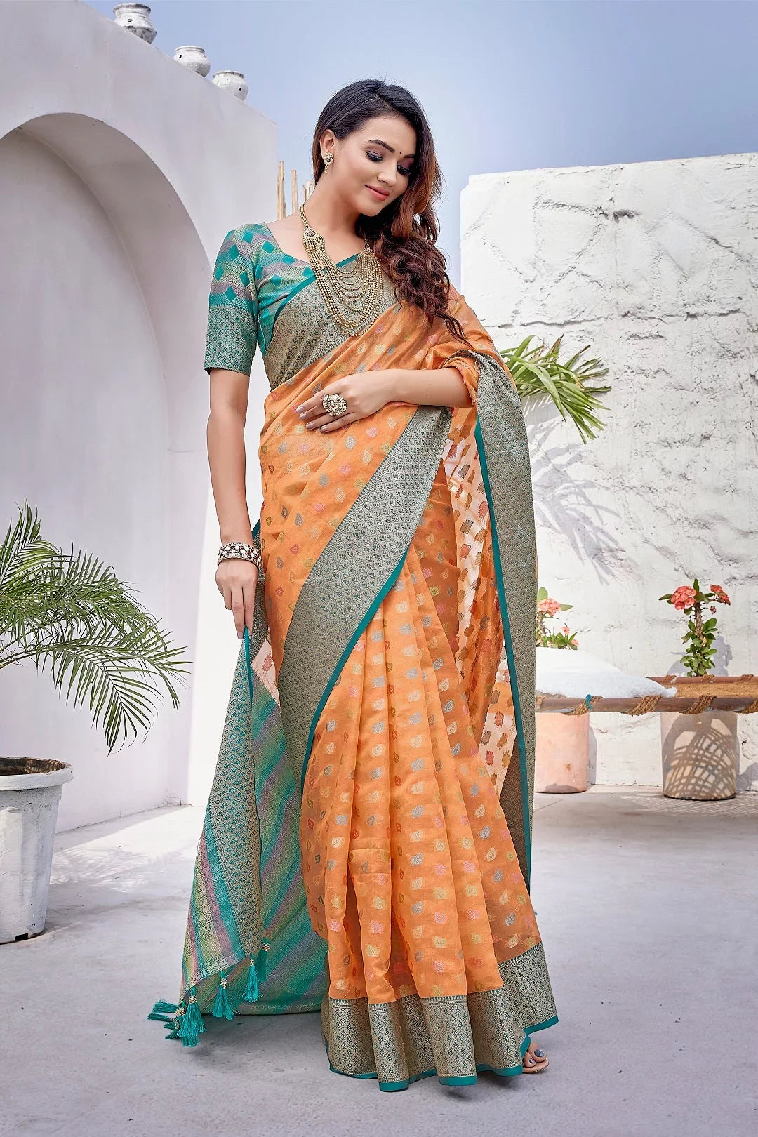 Orange Silk Woven Saree