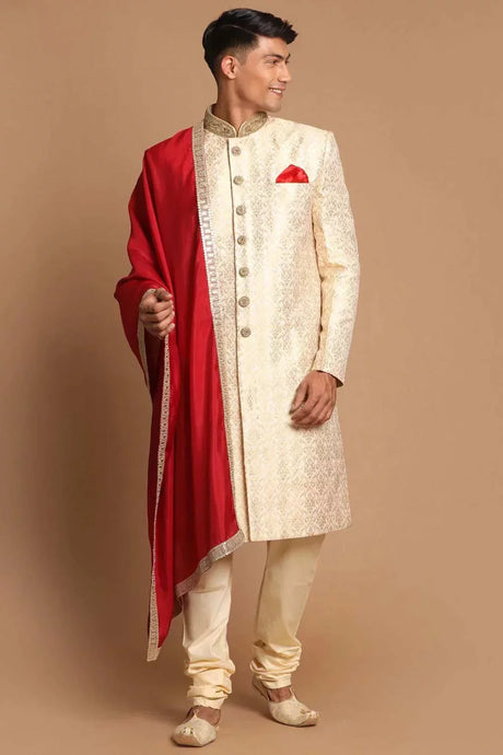 Men's Beige And Gold Silk Blend Embroidered Brocade Sherwani Set With Maroon Dupatta