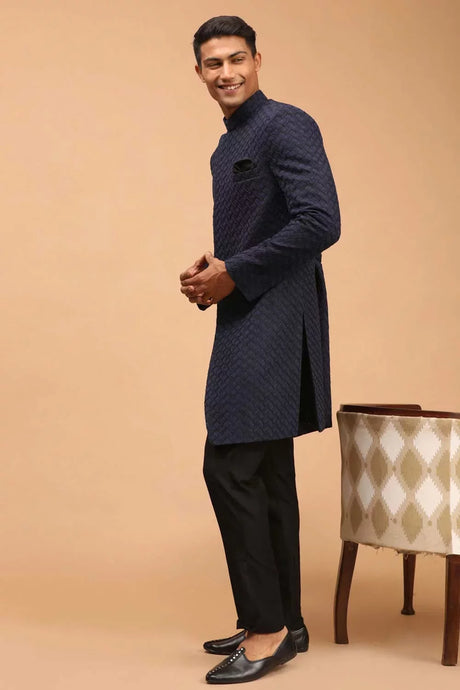 Men's Navy Blue And Black Silk Blend Self Woven Design Sherwani Set