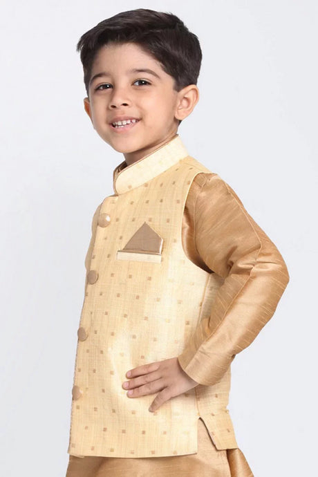 Boy's Cotton Art Silk Nehru Jacket In Gold