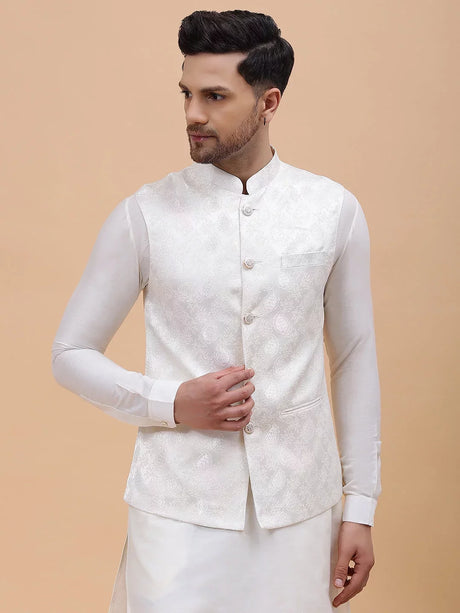 Men's Off White Art Silk Jacquard Woven Design Nehru Jacket