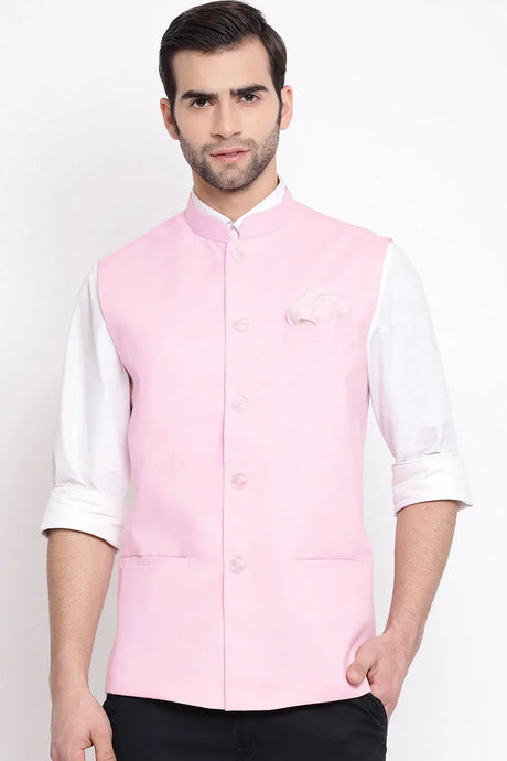 Blended Cotton Solid Nehru Jacket In Pink