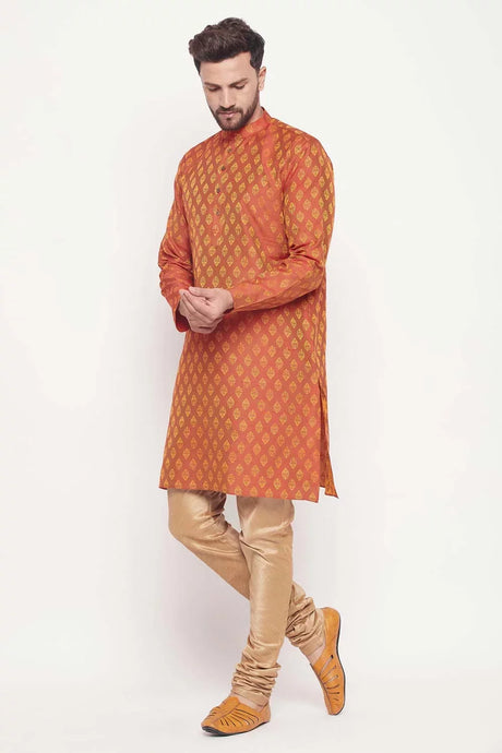 Men's Red And Rose Gold Silk Blend Ethnic Motif Woven Design Kurta Pajama Set
