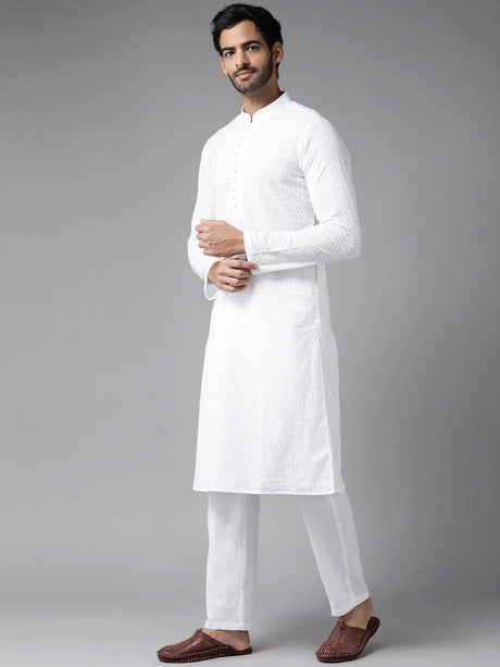 Men's White Cotton Chikankari Embroidered Straight Kurta Top