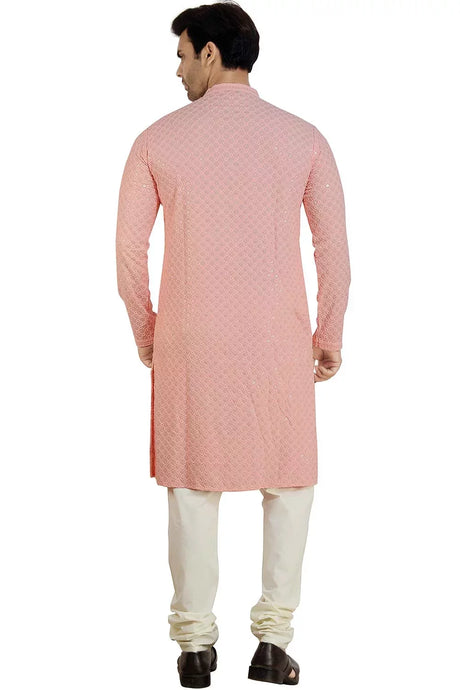 Men's Peach Pink Rayon Cotton Sequin Embroidery Kurta Pajama Set