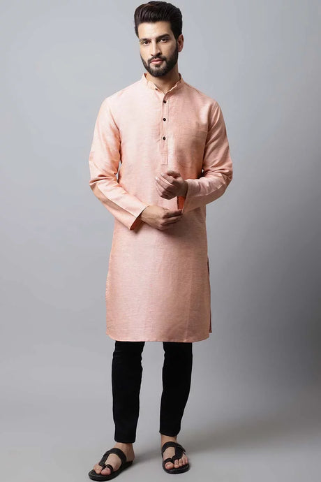 Men's Light Pink Self-Design Full Sleeve Short Kurta Top