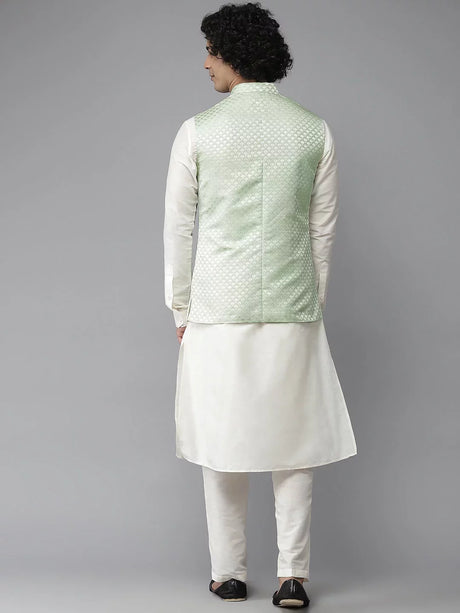 Men's Green Art Silk Jacquard Woven Design Nehru Jacket