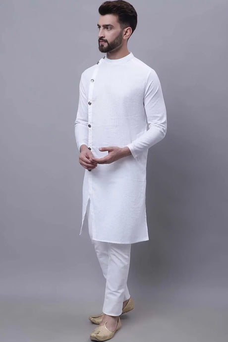 Men's White Cotton Solid Long Kurta Top