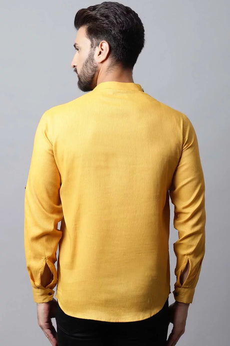 Men's Light Yellow Solid Full Sleeve Short Kurta Top