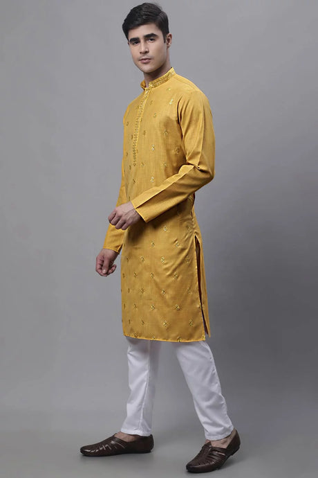 Men's Yellow Embroidered Straight Kurta Pyjama Set