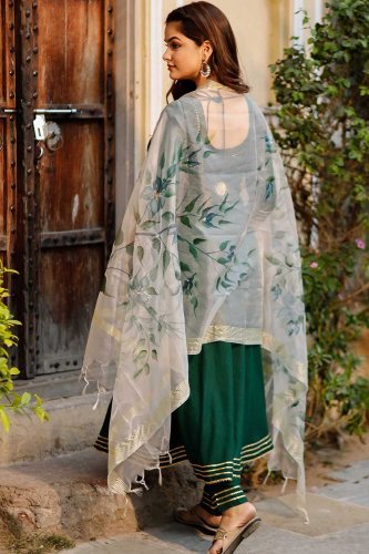 Olive Rayon Gota Work Anarkali Kurta Set With Duppata