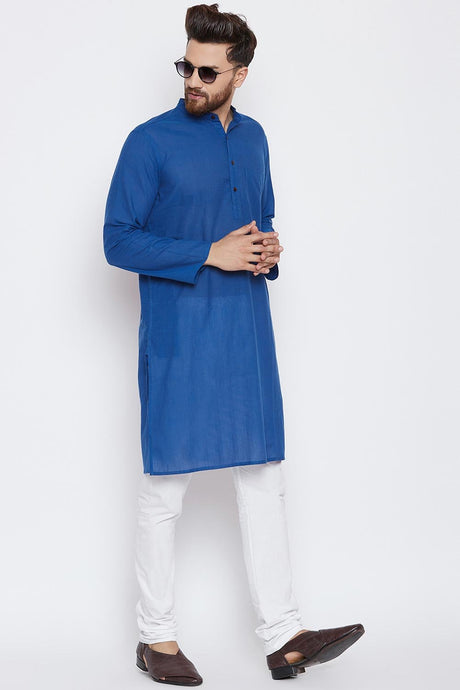 Men's Blended Cotton Solid Kurta Top In Blue