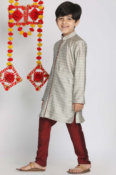 Boy's Silk Blend Woven Design Kurta Set In Beige