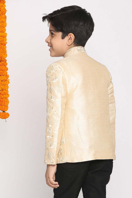Boy's Silk Blend Embroidered Jodhpuri Jacket In Beige
