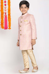 Boy's Silk Blend Woven Design Sherwani Set In Pink