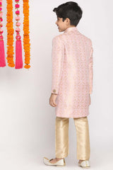 Boy's Silk Blend Woven Design Sherwani Set In Pink
