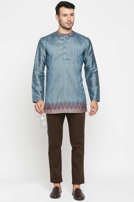 Men's Poly Cotton Printed Short Kurta Top In Turquoise
