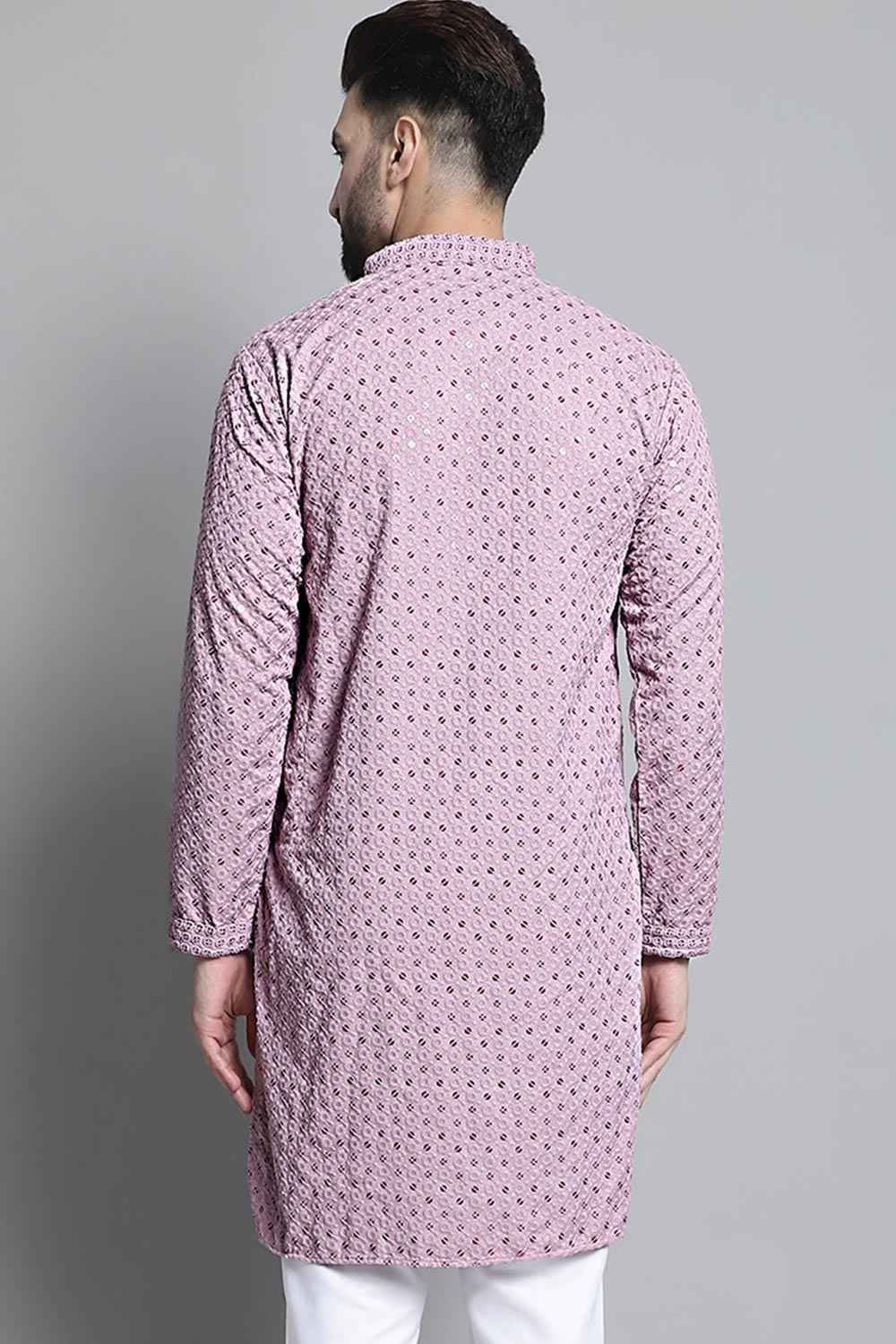 Men's Purple  Chikankari Embroidered And Sequence Kurta