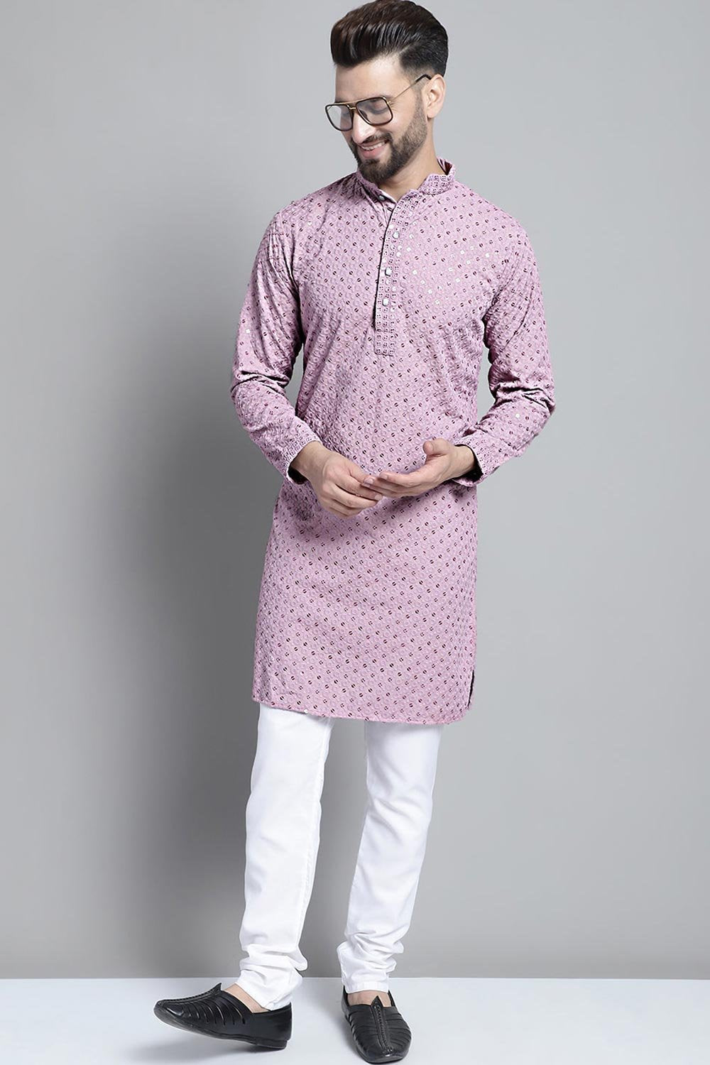 Men's Purple  Chikankari Embroidered And Sequence Kurta