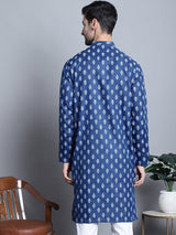 Men's Navy Blue Cotton Floral Printed Kurta