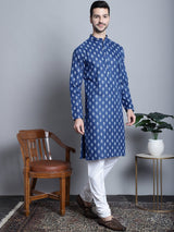 Men's Navy Blue Cotton Floral Printed Kurta