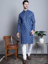 Men's Navy Blue Cotton Floral Printed Kurta