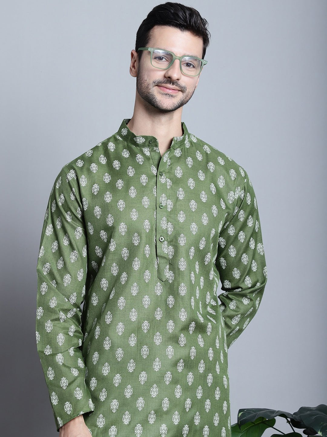 Men's Olive Cotton Floral Printed Kurta