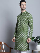 Men's Olive Cotton Floral Printed Kurta