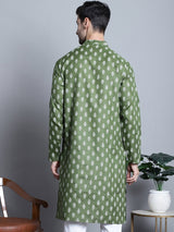 Men's Olive Cotton Floral Printed Kurta