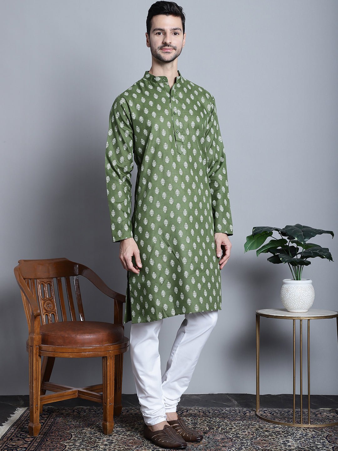 Men's Olive Cotton Floral Printed Kurta