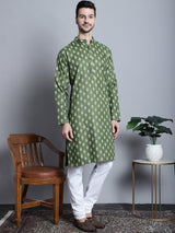 Men's Olive Cotton Floral Printed Kurta