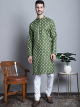 Men's Olive Cotton Floral Printed Kurta