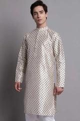 Men's Grey Printed Silk Blend Kurta