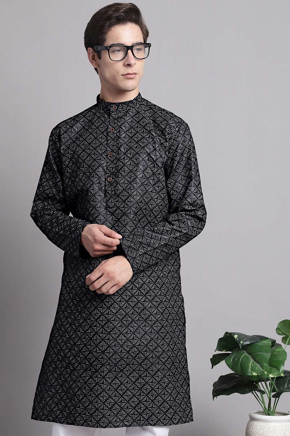 Men's Black Printed  Cotton Kurta