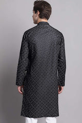 Men's Black Printed  Cotton Kurta