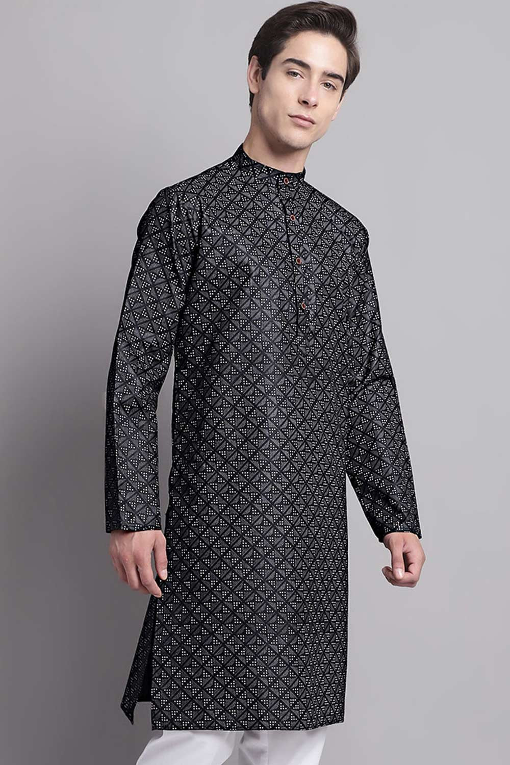 Men's Black Printed  Cotton Kurta