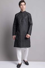 Men's Black Printed  Cotton Kurta