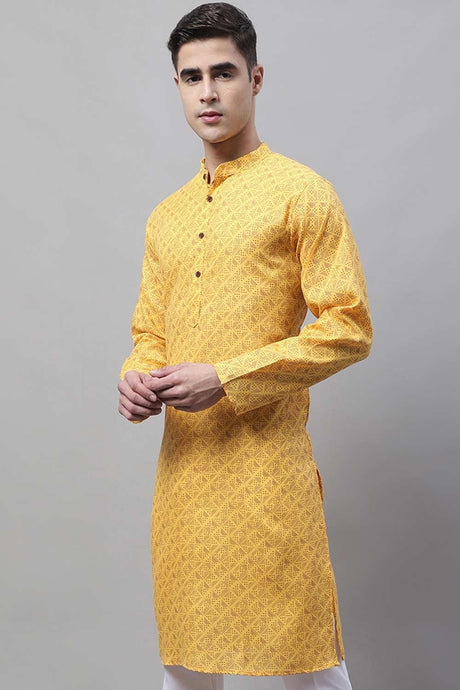 Men's Yellow Printed  Cotton Kurta