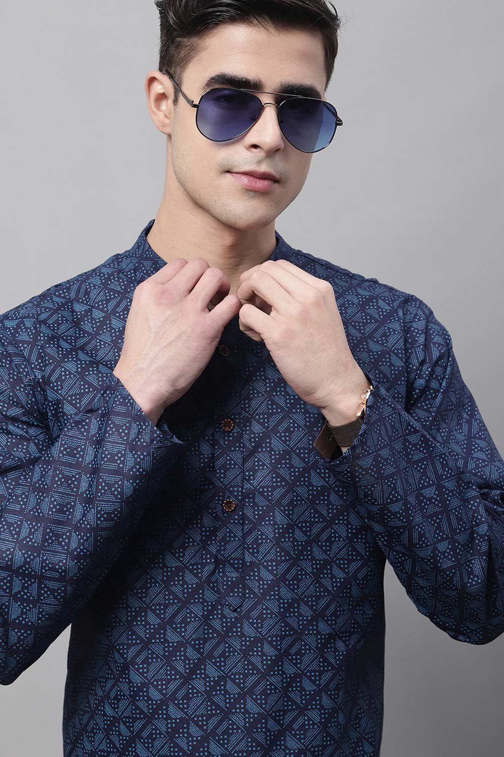 Men's Navy Blue Printed  Cotton Kurta