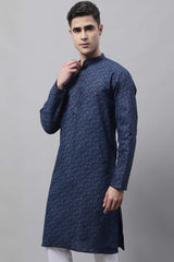 Men's Navy Blue Printed  Cotton Kurta