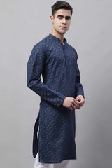 Men's Navy Blue Printed  Cotton Kurta