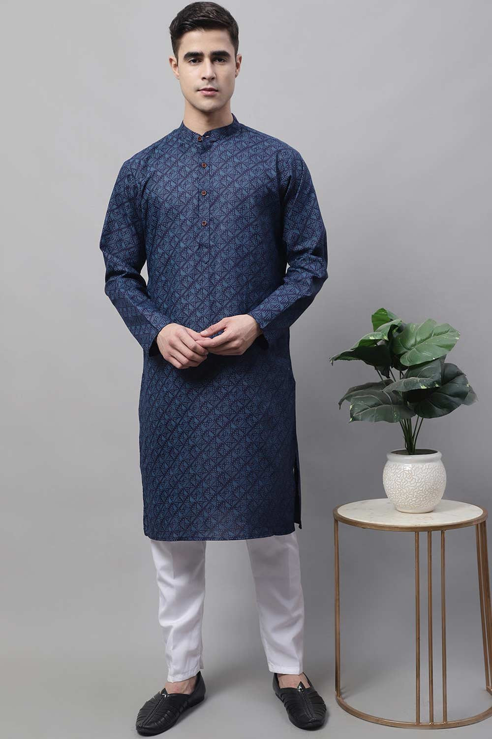 Men's Navy Blue Printed  Cotton Kurta