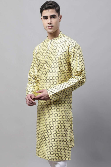 Men's Yellow Printed Silk Blend Kurta